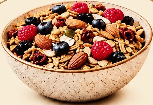 A bowl of Tshidi's Muesli topped with almonds, blueberries and raspberries