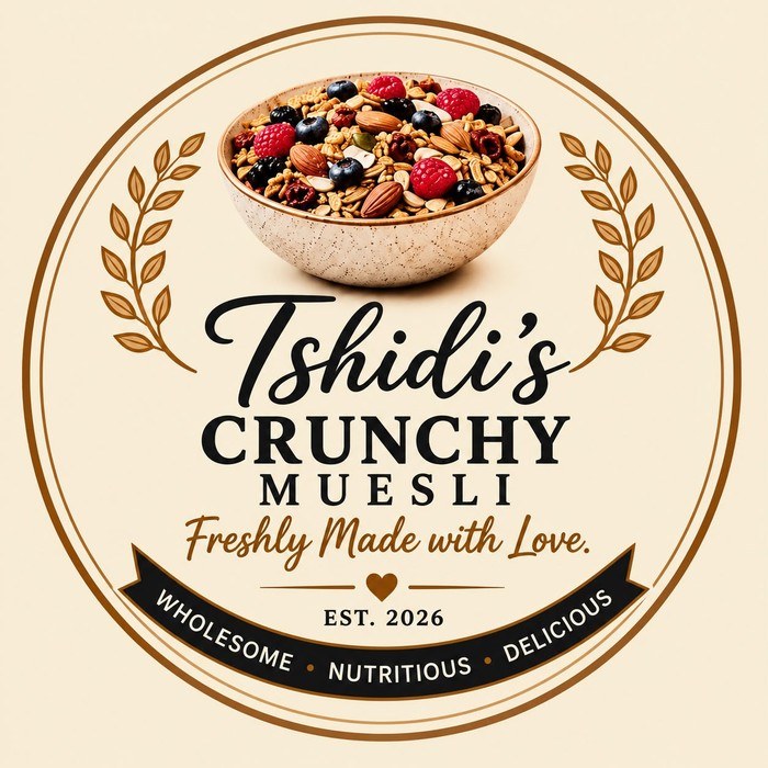 Tshidi's Muesli logo badge, showing a bowl of muesli with berries and nuts